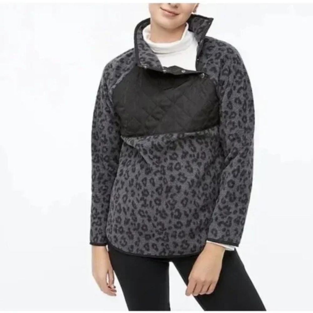 J. Crew Women quilted animal print button neck Sherpa fleece jacket medium EUC!